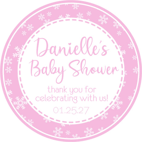 Pink snowflake baby shower stickers