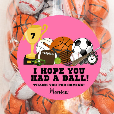 Pink sports birthday sticker with mixed sports balls and personalized name