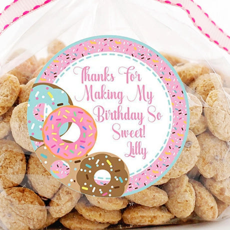 Pink sprinkle donut birthday sticker with personalized name