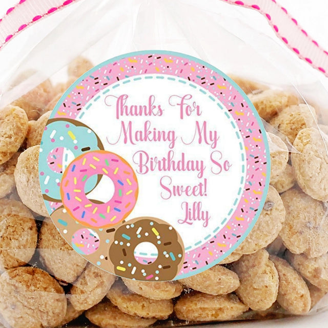 Pink sprinkle donut birthday sticker with personalized name