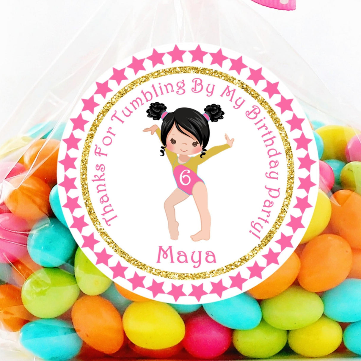 Pink star gymnastics birthday sticker with girl gymnast pose