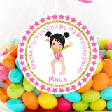 Pink star gymnastics birthday sticker with girl gymnast pose