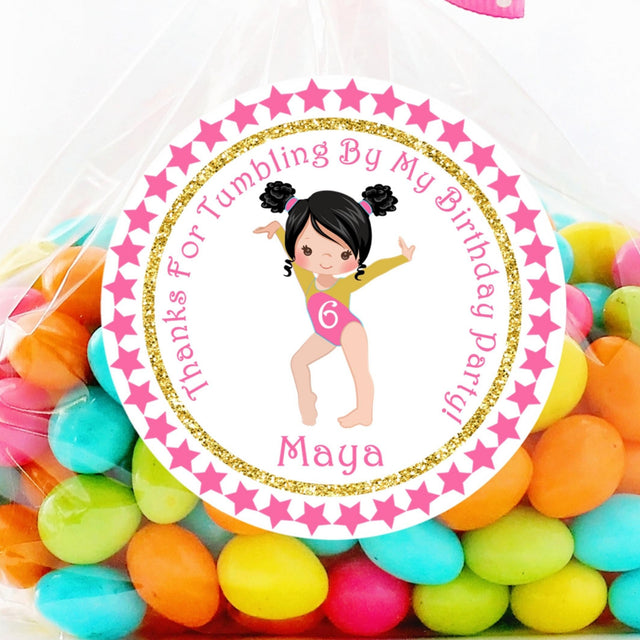 Pink star gymnastics birthday sticker with girl gymnast pose