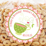 Pink tea party baby shower sticker with scalloped pink border