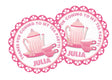 Pink tea party birthday sticker with teapot and cup design