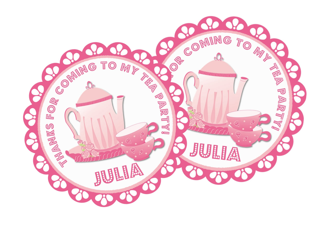 Pink tea party birthday sticker with teapot and cup design