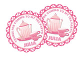Pink tea party birthday sticker with teapot and cup design