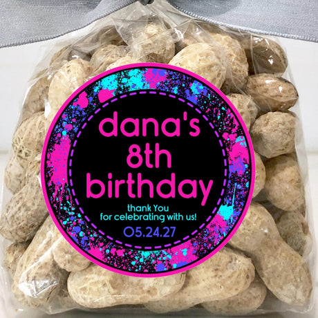 Pink teal and purple paintball birthday sticker with custom name