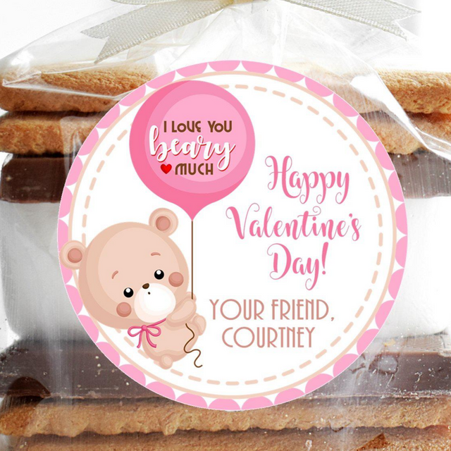 Pink teddy bear holding balloon on cute Valentine sticker