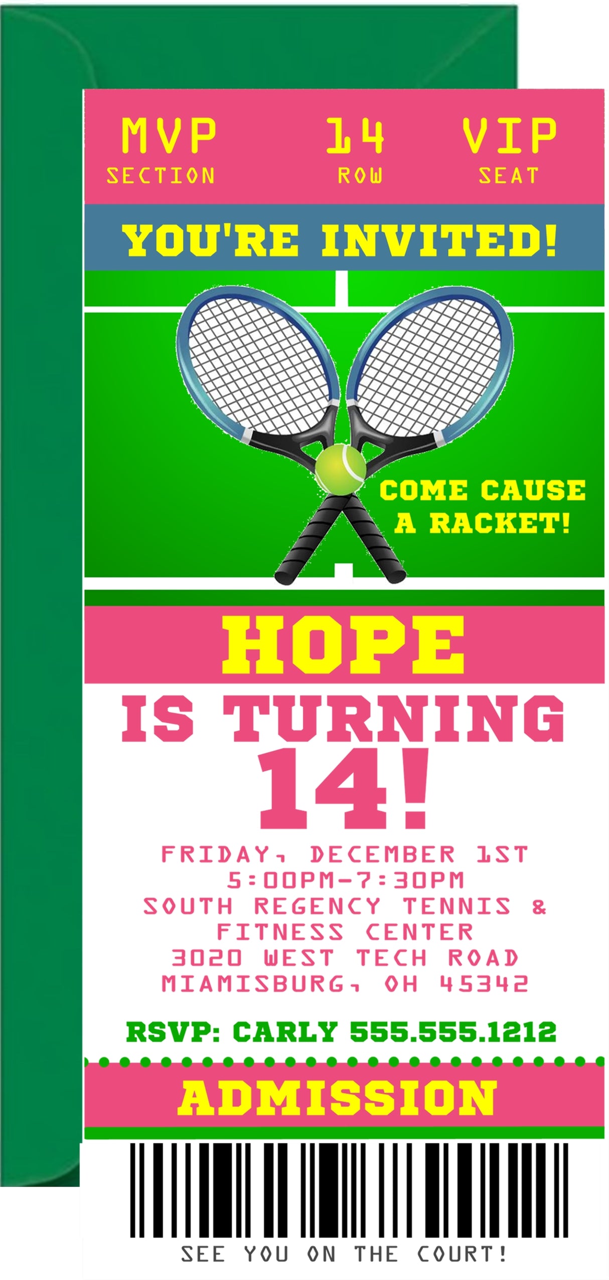 Pink tennis party invitation featuring tennis themed ticket artwork