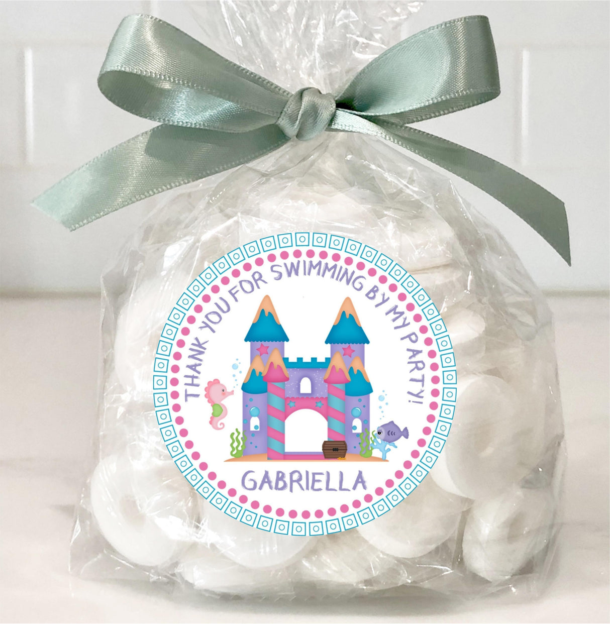 Pink under the sea thank you sticker for party favors