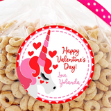 Pink unicorn Valentine sticker with heart accents and personalized name
