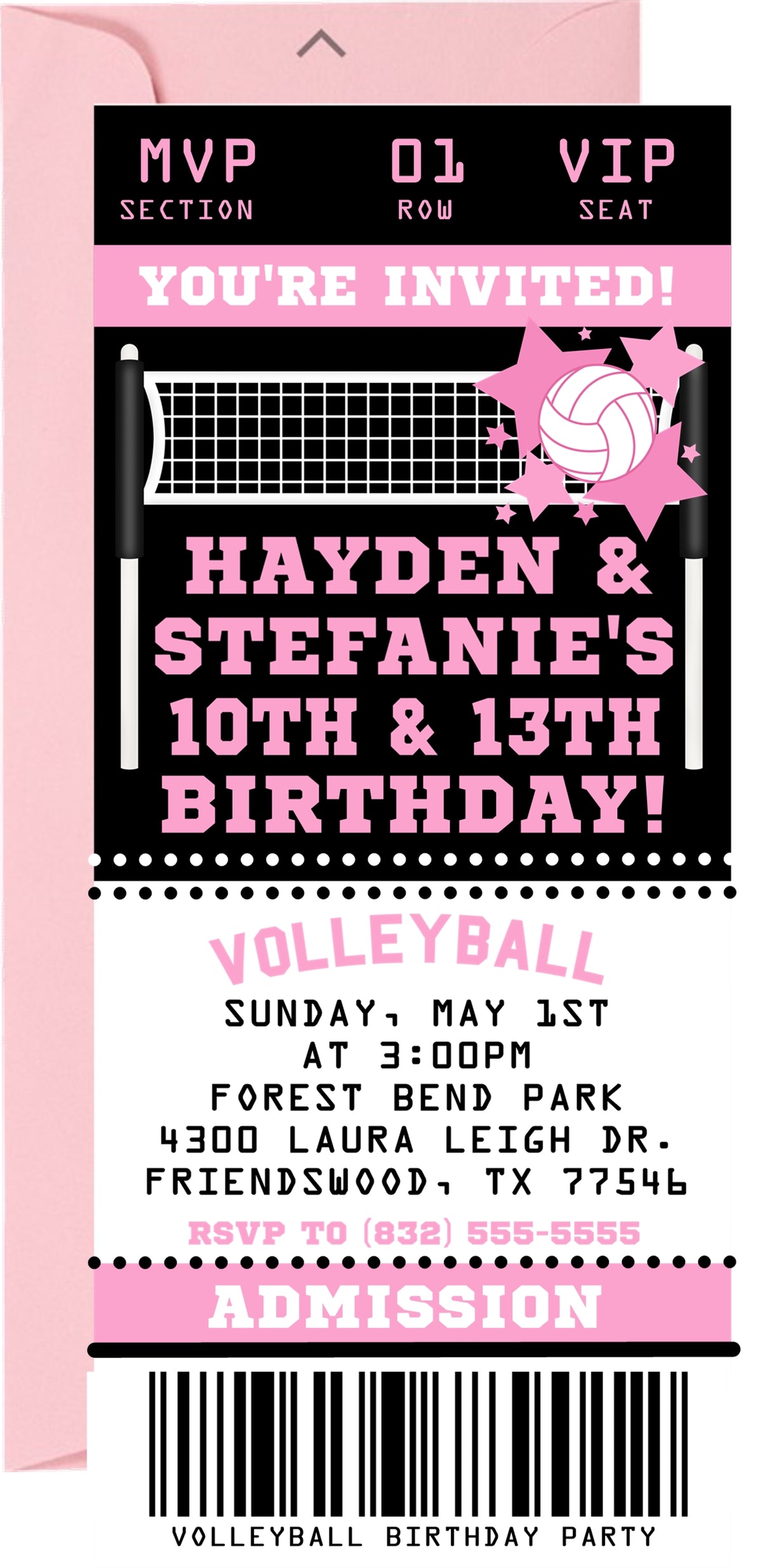 Pink volleyball ticket invitation with volleyball net and admission pass design