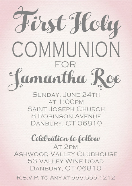 Pink watercolor First Holy Communion invitation with elegant script wording