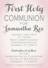 Pink watercolor First Holy Communion invitation with elegant script wording