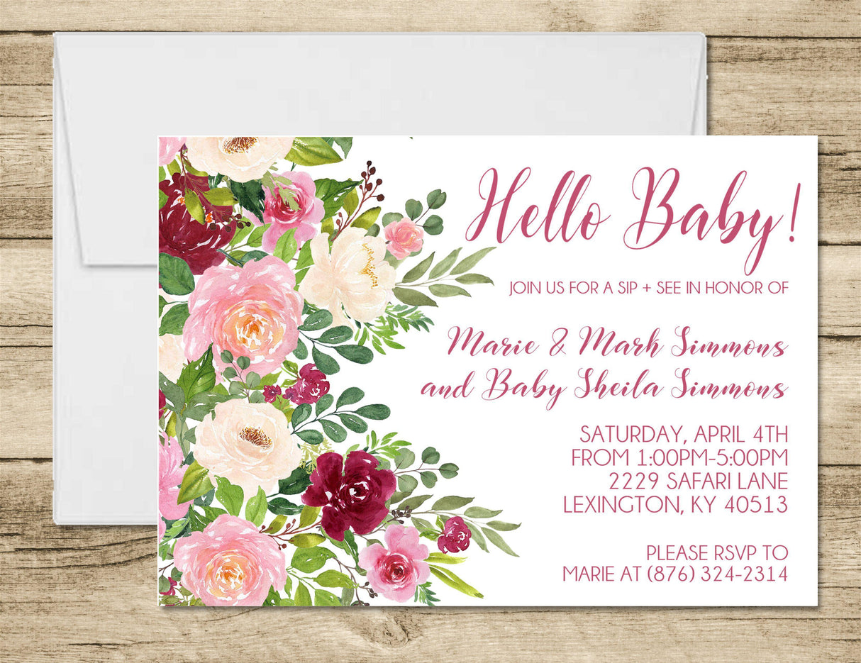 Pink watercolor floral sip and see baby invitation design