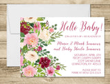 Pink watercolor floral sip and see baby invitation design