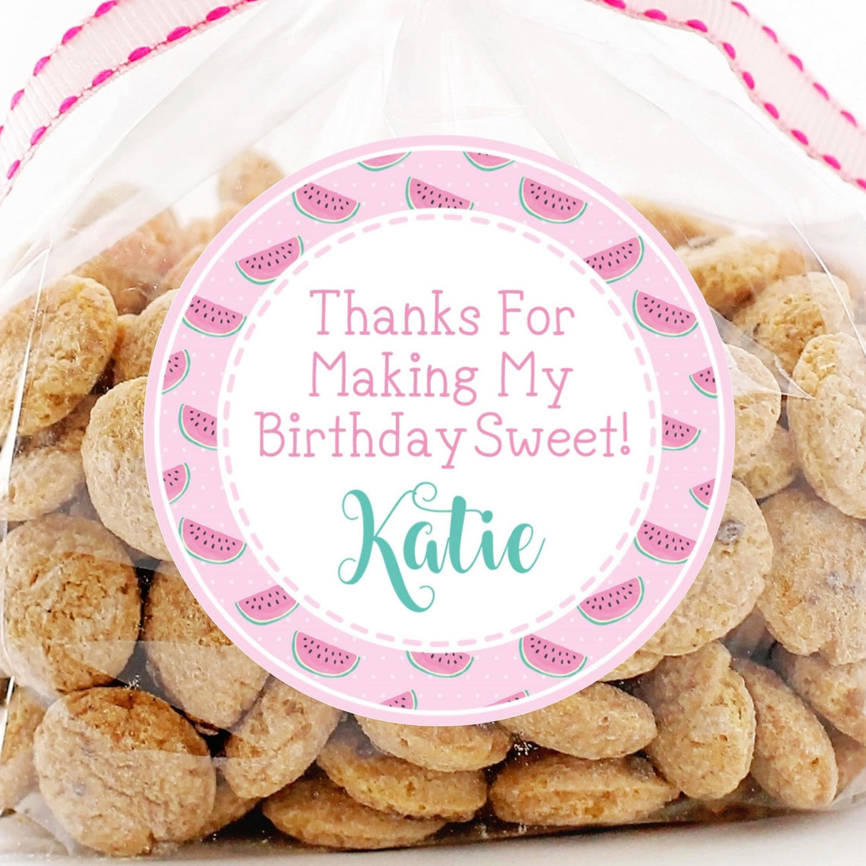 Pink watermelon pattern birthday sticker with stitched border