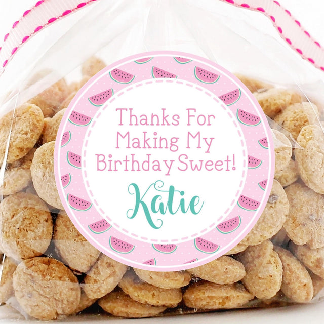 Pink watermelon pattern birthday sticker with stitched border