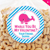 Pink whale Valentine sticker with blue striped border and personalized name