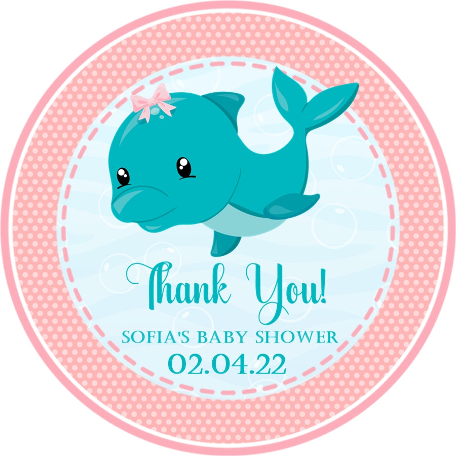 Pink whale baby shower sticker with polka dot border and ocean theme