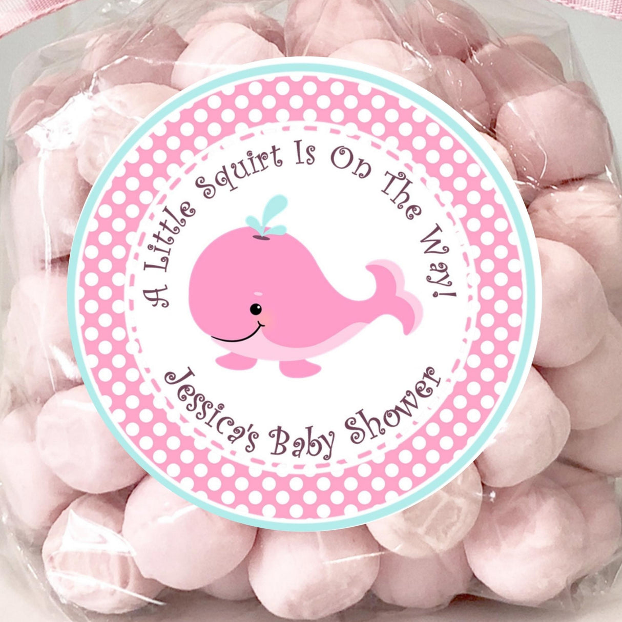 Pink whale baby shower stickers with polka dots