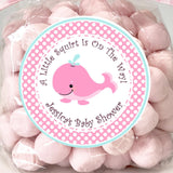 Pink whale baby shower stickers with polka dots