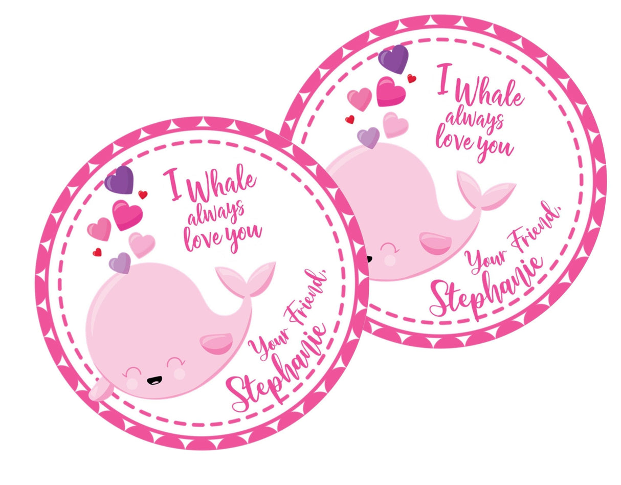 Pink whale classroom Valentine favor label