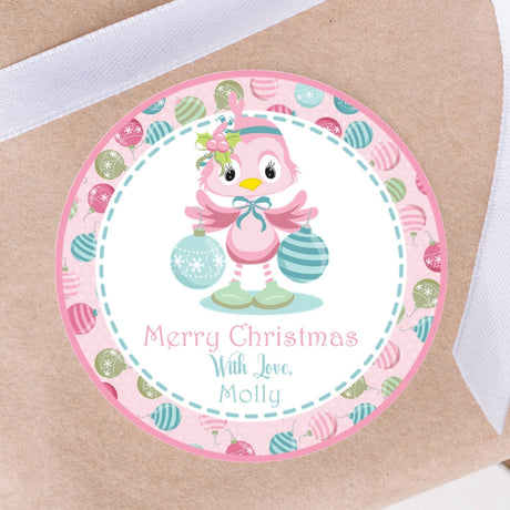 Pink winter bird Christmas sticker holding ornaments