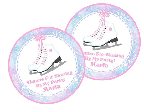 Pink winter ice skating birthday sticker with custom name