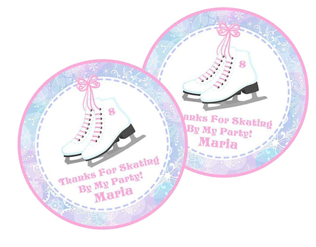 Pink winter ice skating birthday sticker with custom name