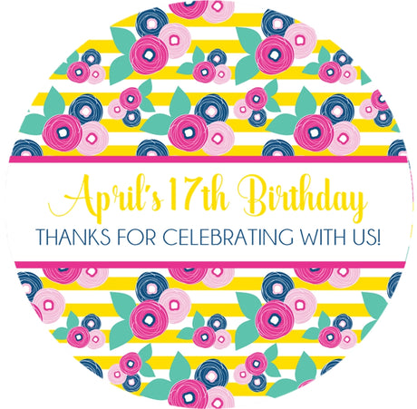 Pink yellow blue floral birthday sticker colorful flower pattern