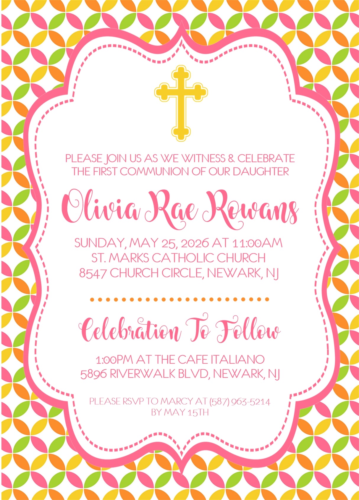 Pink yellow green religious invitation for baptism christening or confirmation