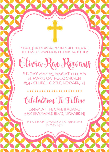 Pink yellow green religious invitation for baptism christening or confirmation