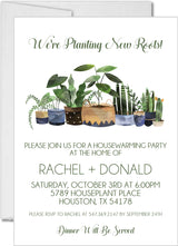 Plant themed housewarming invitation with illustrated potted plants and “We’re Planting New Roots” wording