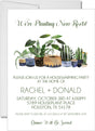 Plant themed housewarming invitation with illustrated potted plants and “We’re Planting New Roots” wording