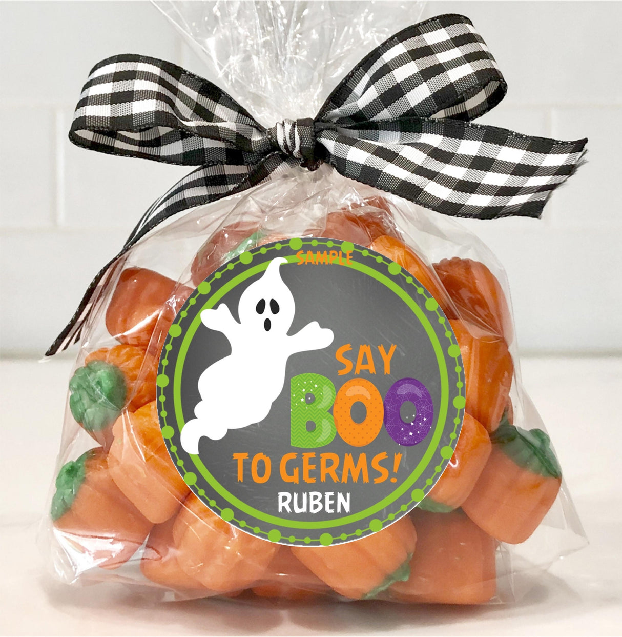 Playful Say Boo to Germs Halloween sticker designed for sanitizer bottles