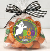 Playful Say Boo to Germs Halloween sticker designed for sanitizer bottles
