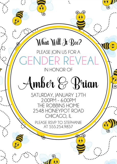 Playful bee gender reveal party invitation