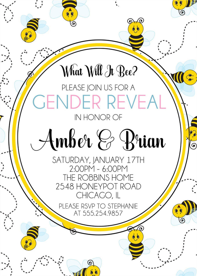 Playful bee gender reveal party invitation