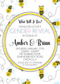 Playful bee gender reveal party invitation