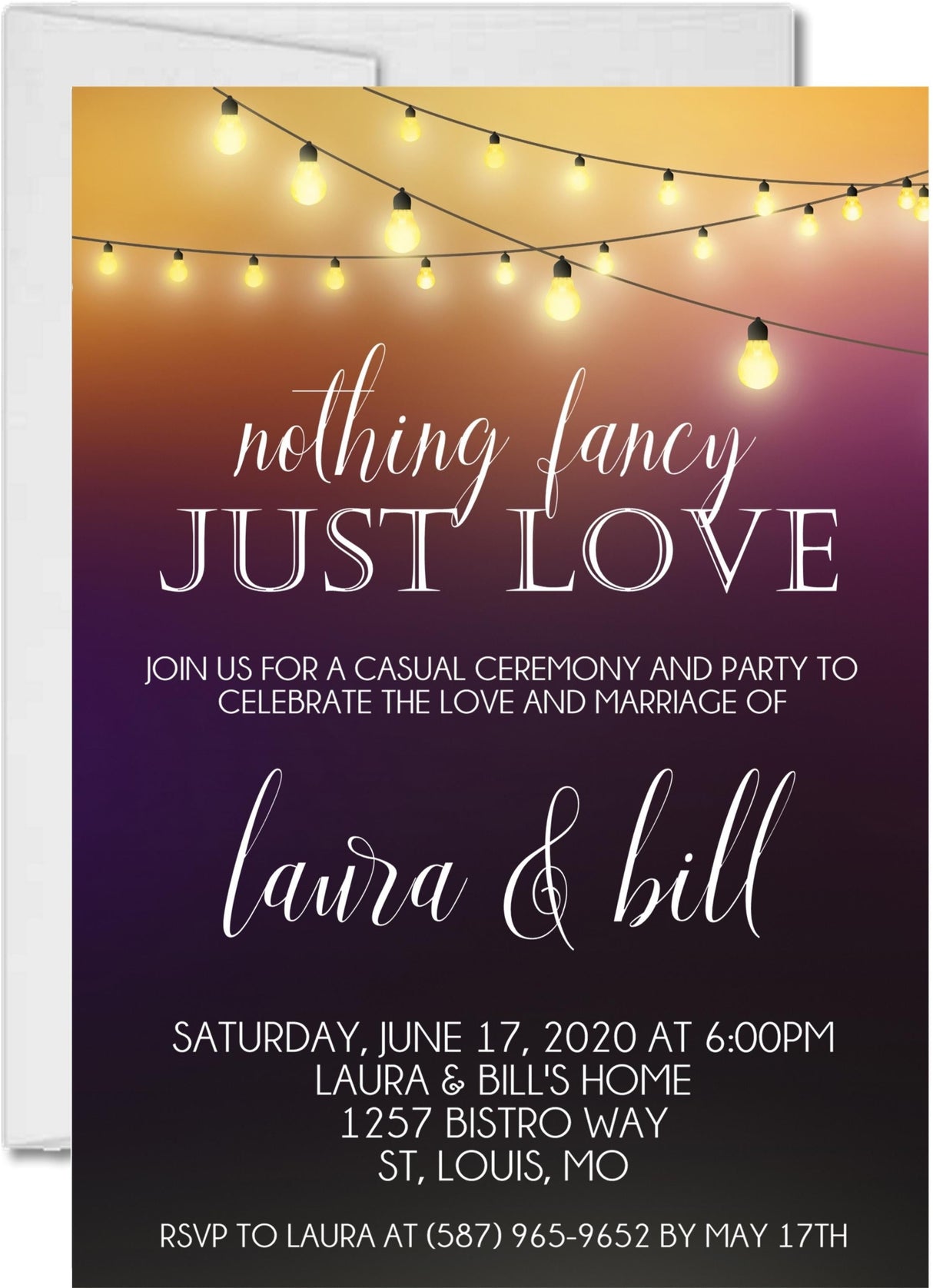 Plum wedding invitation with gold string lights and elegant wedding wording