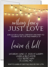 Plum wedding invitation with gold string lights and elegant wedding wording