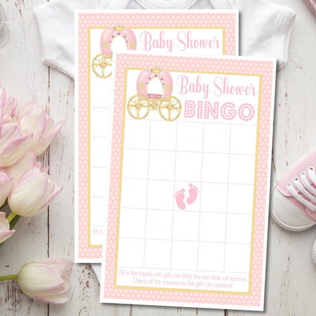 Princess baby shower bingo printable with pink royal carriage
