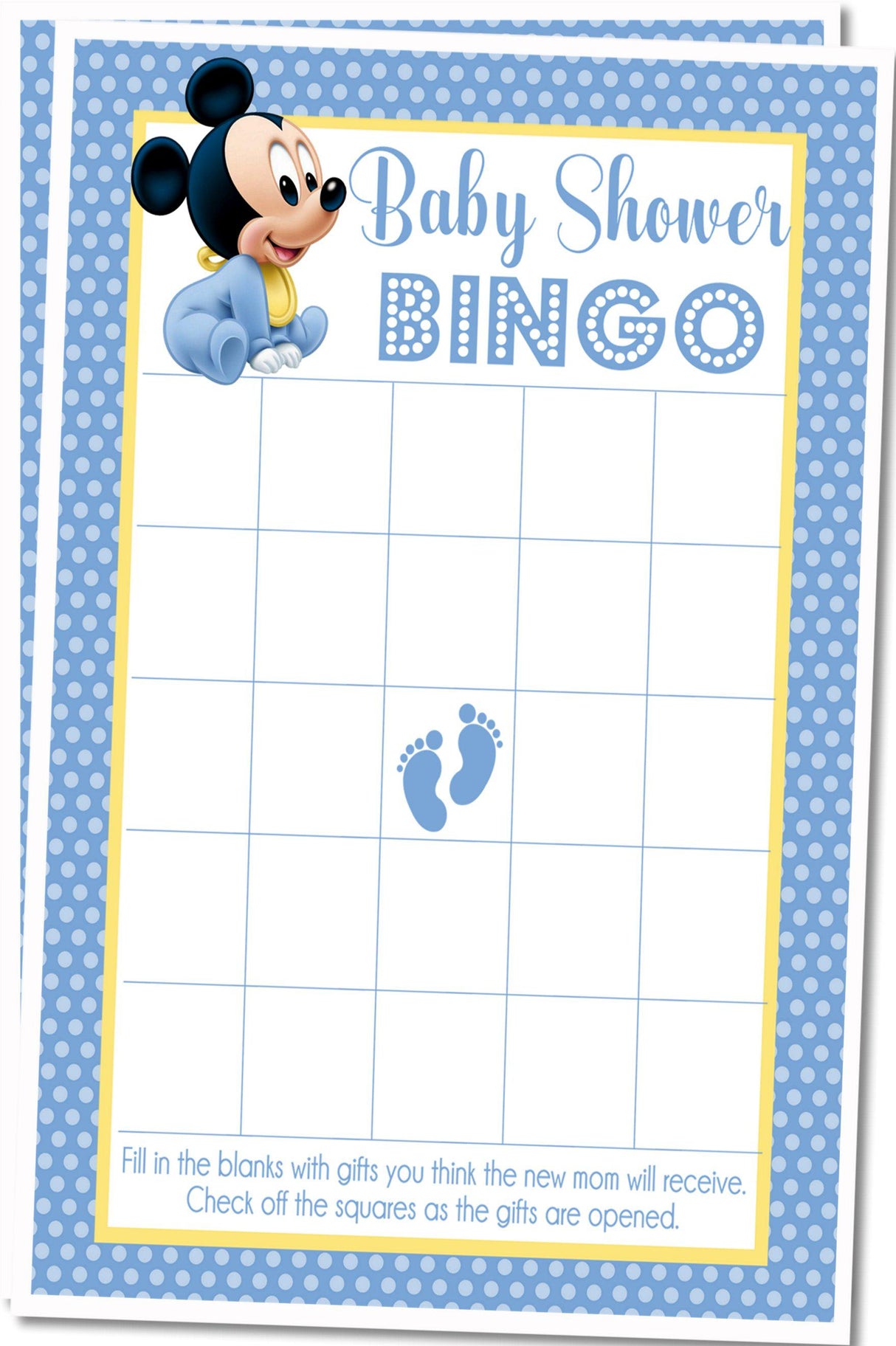 Printable Mickey baby shower bingo cards formatted two per page at 5x7 size