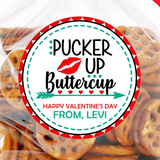 Pucker Up Buttercup Valentine sticker with red lips and teal arrow