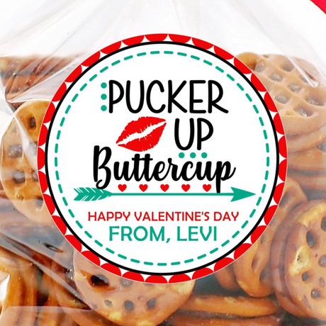Pucker Up Buttercup Valentine sticker with red lips and teal arrow
