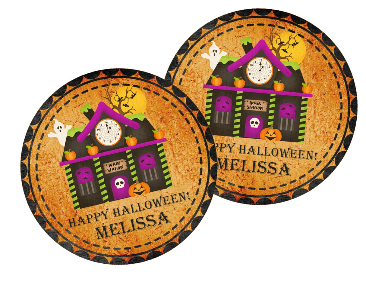 Pumpkin and bat haunted house Halloween favor label