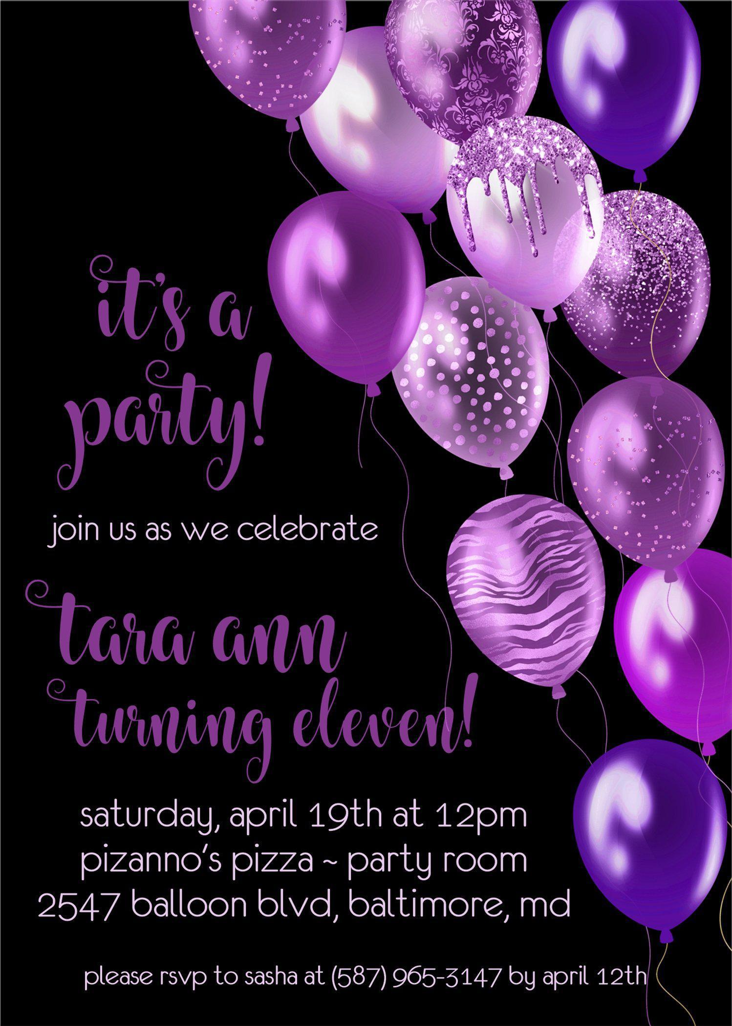 Purple And Black Balloon Birthday Party Invitations
