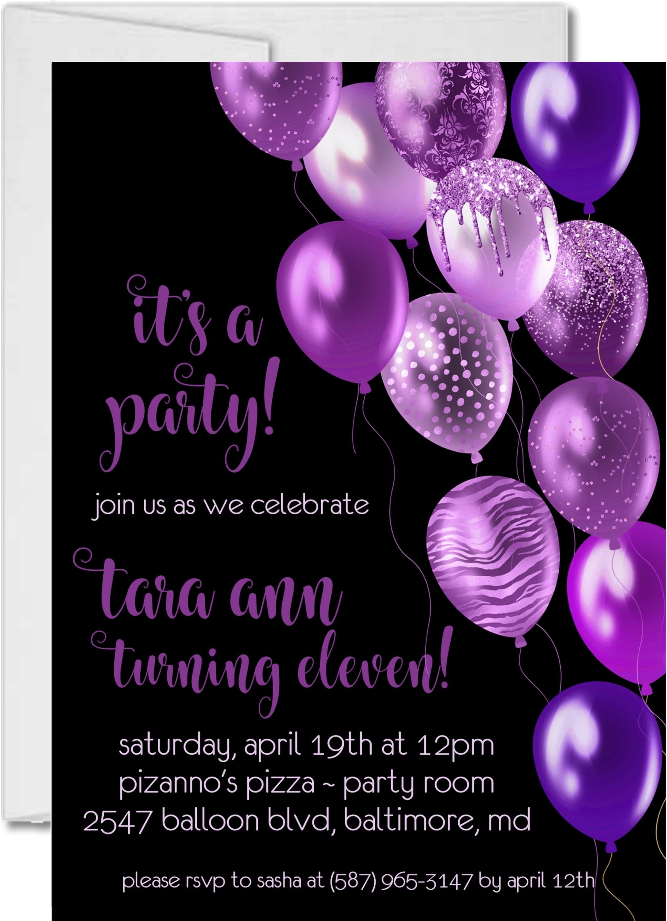 Purple And Black Balloon Birthday Party Invitations